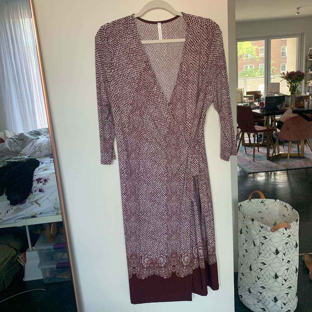 Solgee Burgundy and White Faux Wrap Dress - L